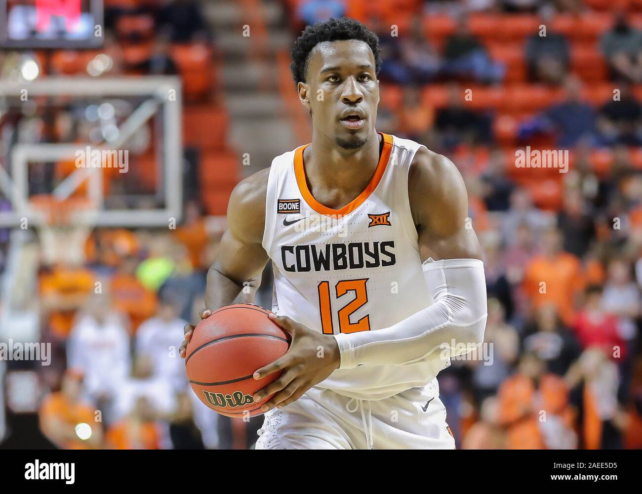 Stillwater, OK, USA. 8th Dec, 2019. Oklahoma State forward Cameron McGriff (12) during a basketball game between the Wichita State Shockers and Oklahoma State Cowboys at Gallagher-Iba Arena in Stillwater, OK. Gray Siegel/CSM/Alamy Live News Stock Photo