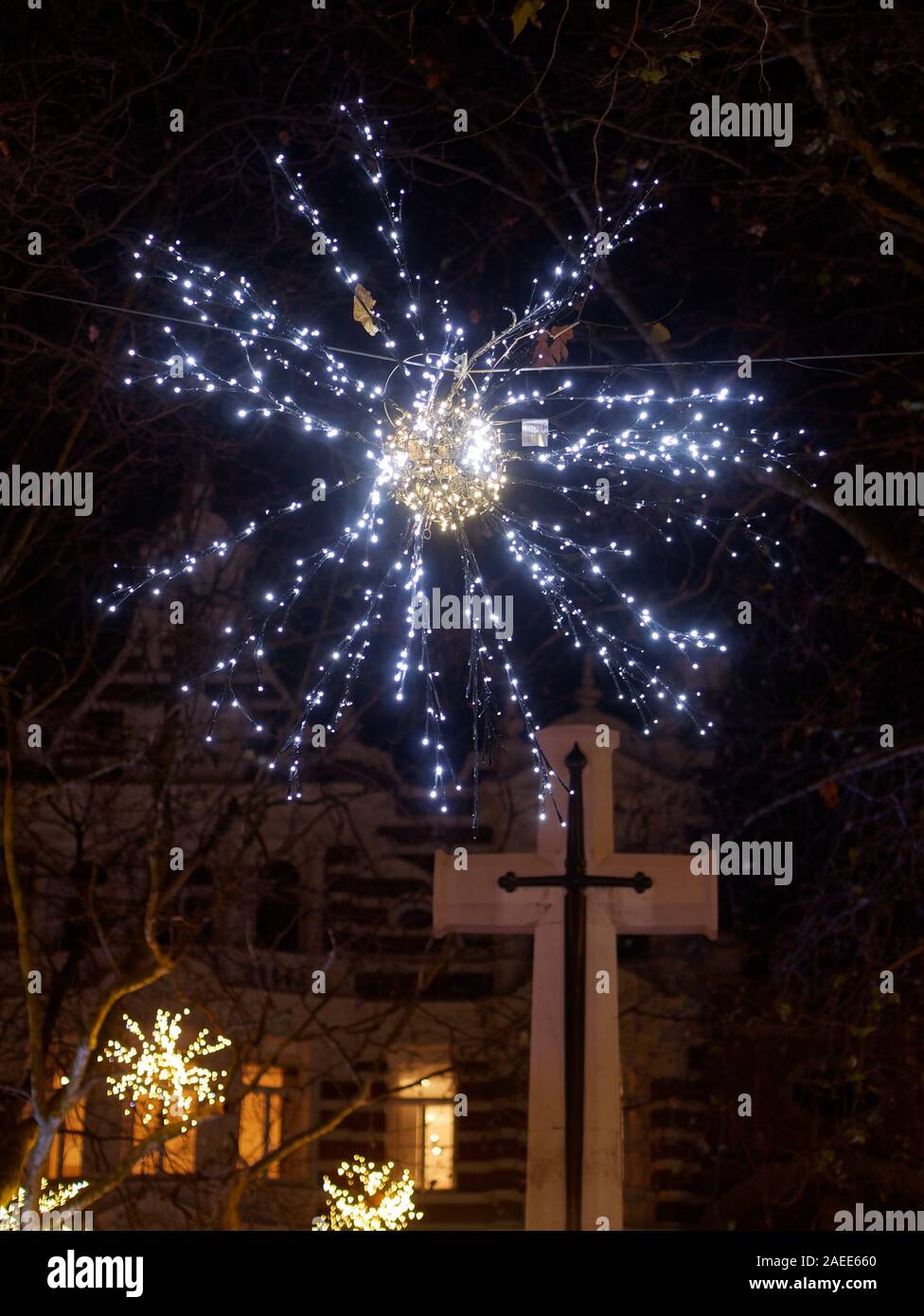 Close-up of Christmas lights at Sloan Square. Stock Photo