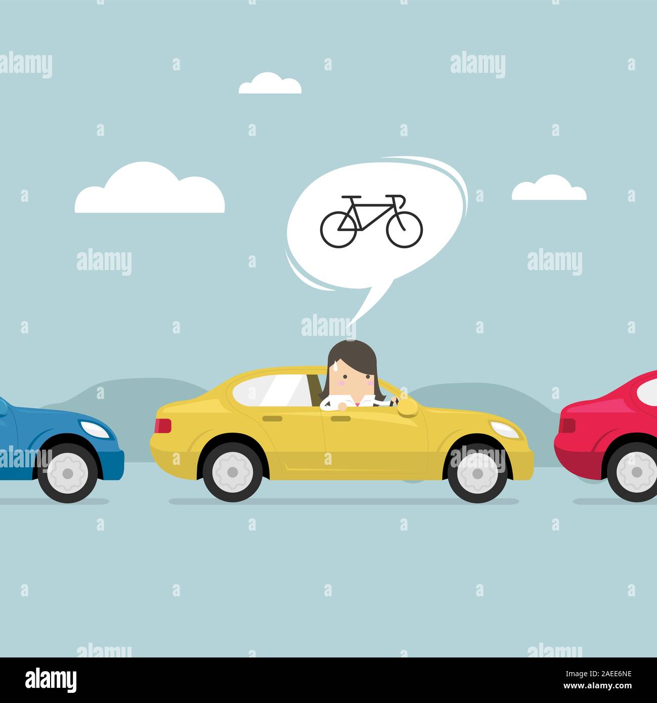 Businesswoman on the road with traffic jam, Thought to work by bike better. Stock Vector
