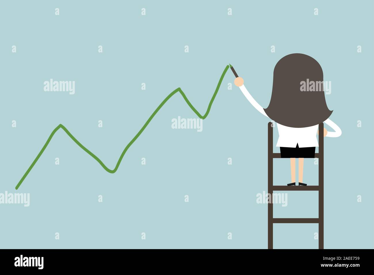 Businesswoman standing on ladder drawing growth chart on wall Stock ...