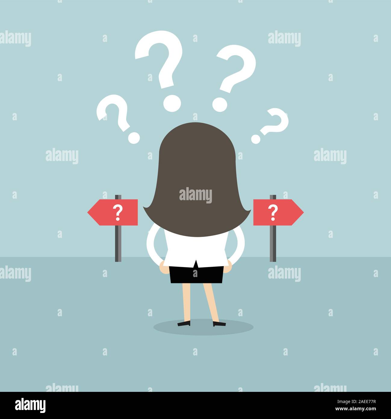 Businesswoman confused. Standing at the crossroad. Stock Vector