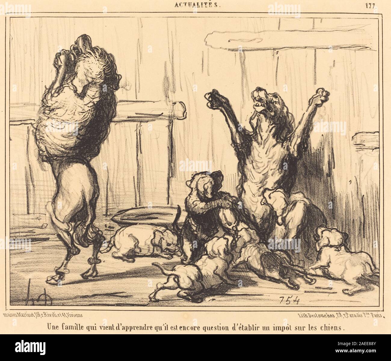 Honoré Daumier, Une Famille qui vient d'apprendre un impot sur les chiens, 1855 Une Famille qui vient d'apprendre...  un impot sur les chiens; 1855date Stock Photo