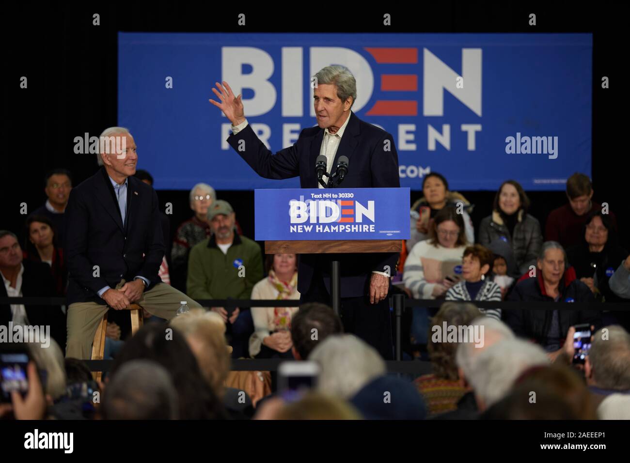 Hampton, New Hampshire, USA. 8th Dec, 2019. Former Vice President Joe Biden held an event with Senator John Kerry for supporters in Hampton, New Hampshire on December 8, 2019. Biden is campaigning for the 2020 Democratic Presidential nominee. John Kerry speaks in support of Joe Biden. Credit: Allison Dinner/ZUMA Wire/Alamy Live News Stock Photo