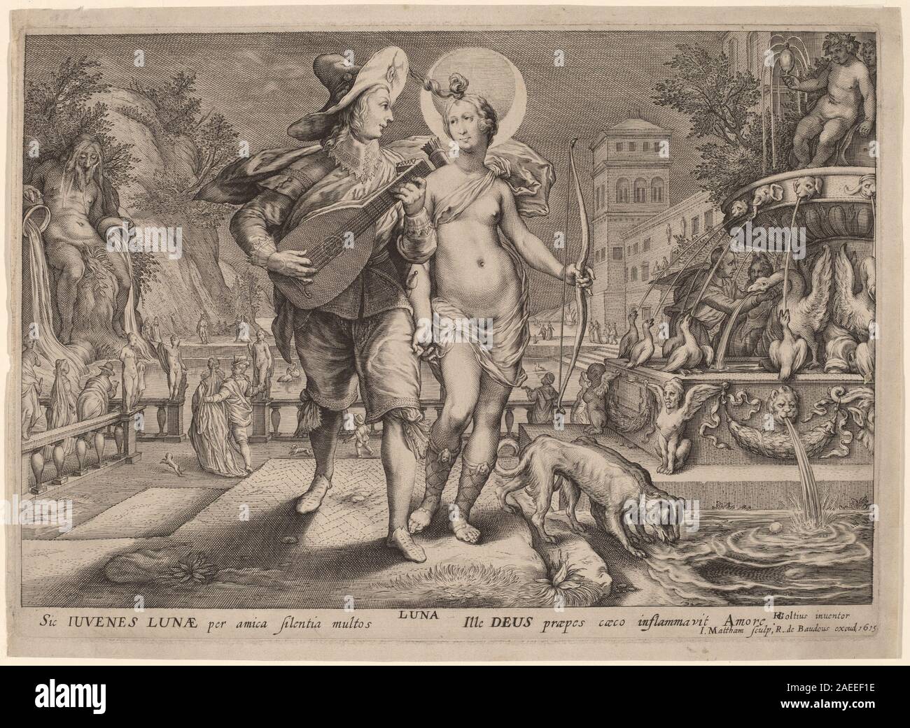 Jacob Matham, after Hendrik Goltzius, Diana as Luna Accompanying a Young Man Serenading, 1615 Diana as Luna Accompanying a Young Man Serenading; 1615date Stock Photo