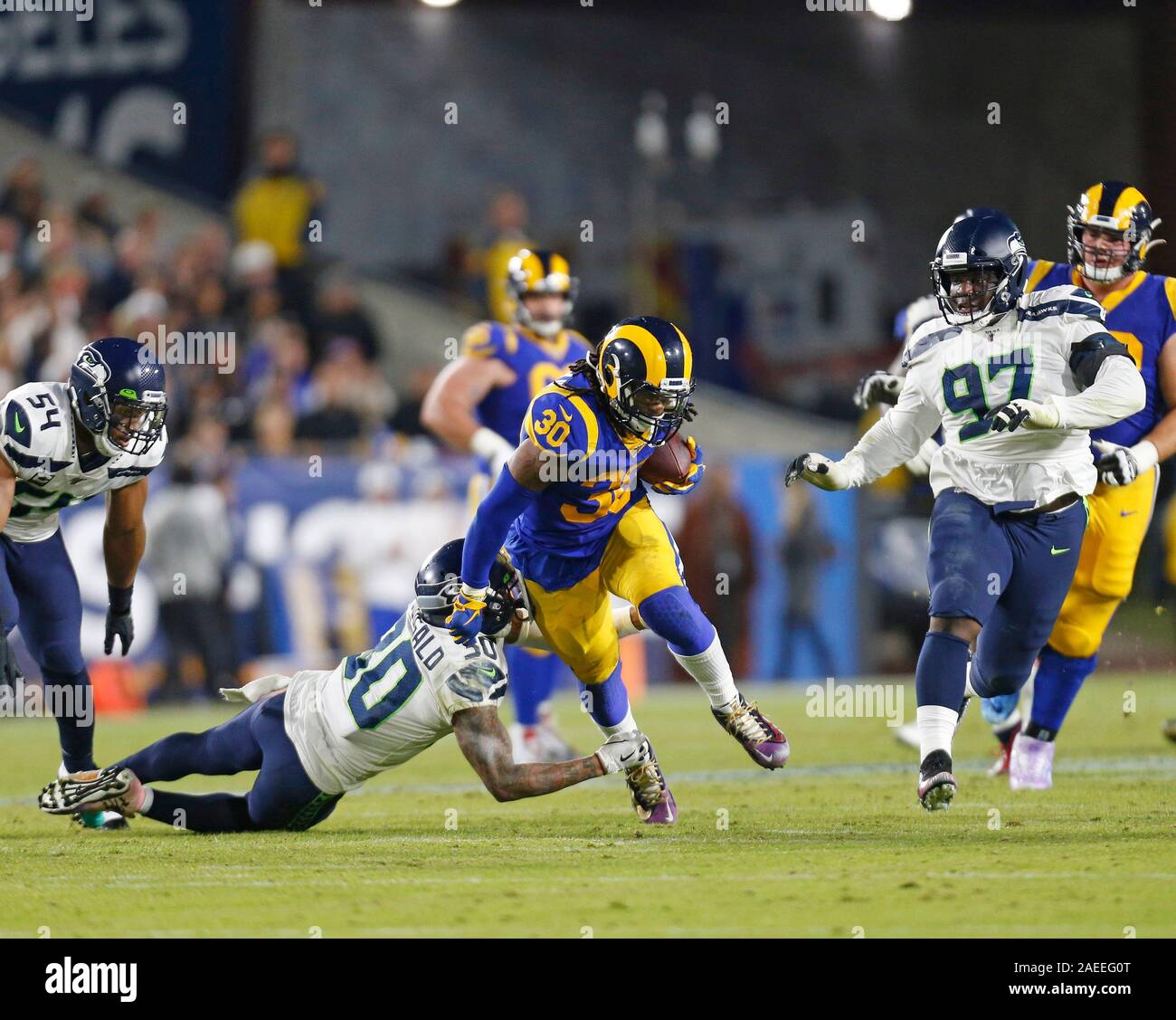 December 08, 2019 Los Angeles Rams running back Todd Gurley (30) carries the ball during the NFL game between the Los Angeles Rams and the Seattle Seahawks at the Los Angeles Memorial Coliseum in Los Angeles, California. Charles Baus/CSM. Stock Photo