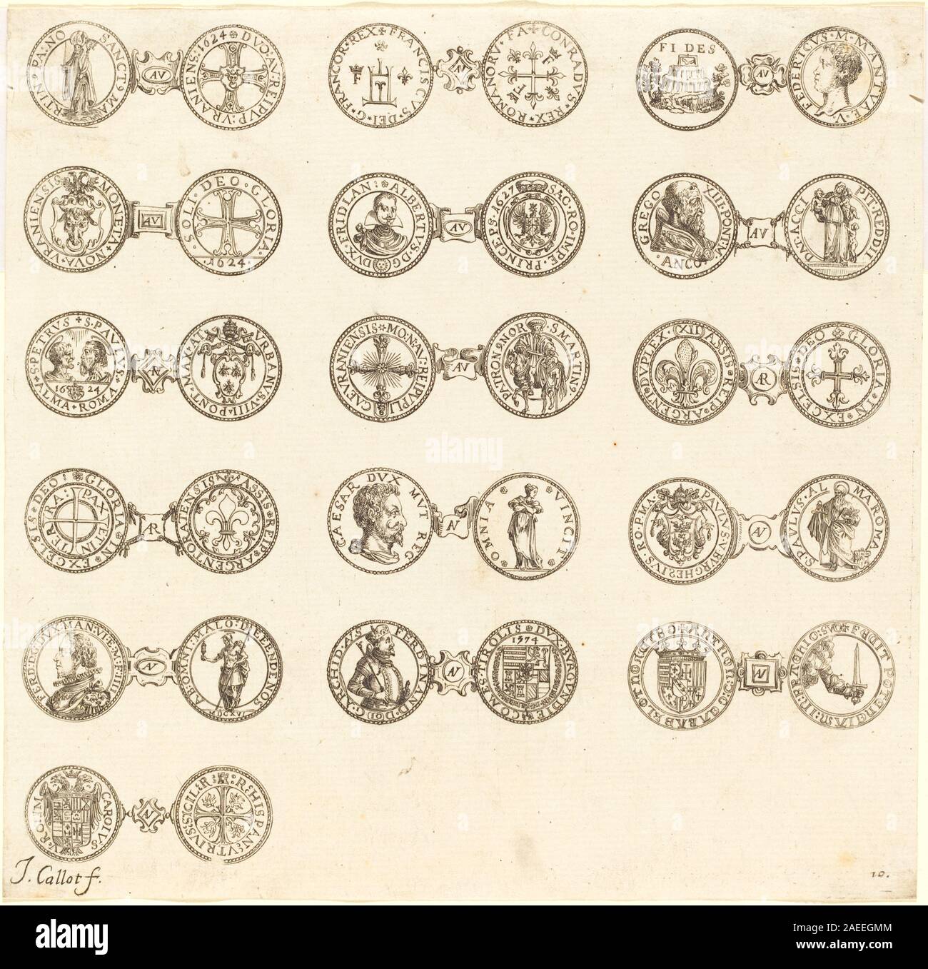 Coins, plate 10 by Jacques Callot, depicts a series of coins engraved ...
