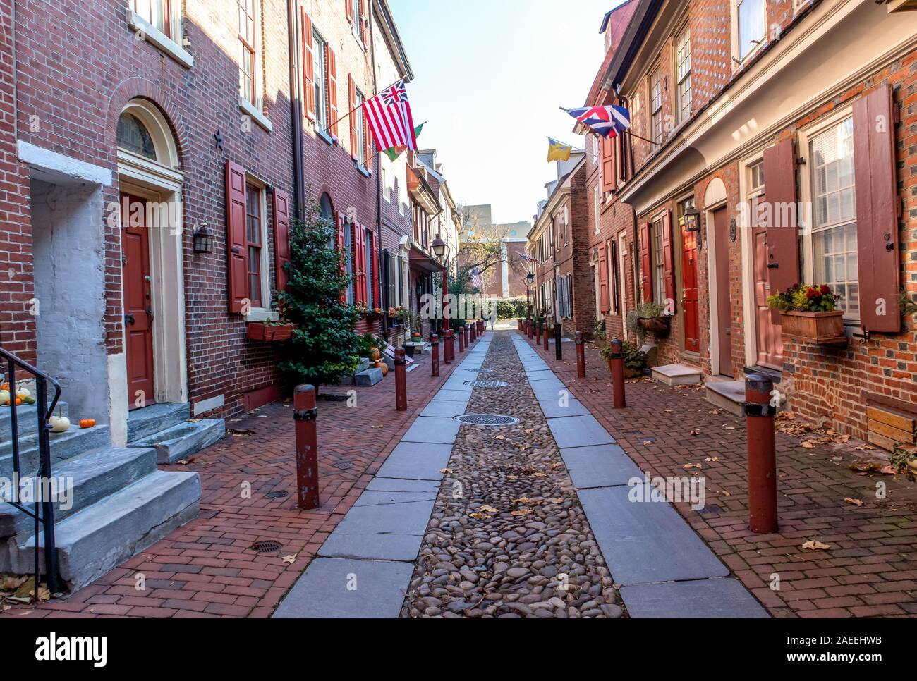 Philadelphia, Pennsylvania - November 25, 2019: Elfreth Alley in Philadelphia, National Historic Landmark. Stock Photo