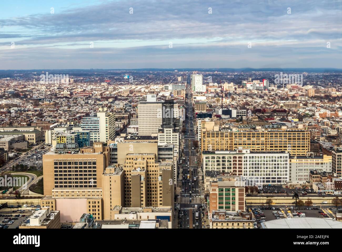 Aerial view of Philadelphia, Pennsylvania, with a focus on