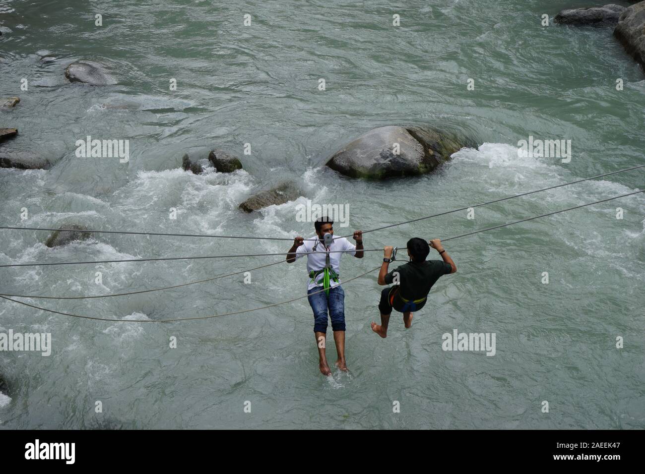 Rope jumping, Beas river, Manali, Himachal Pradesh, India, Asia Stock