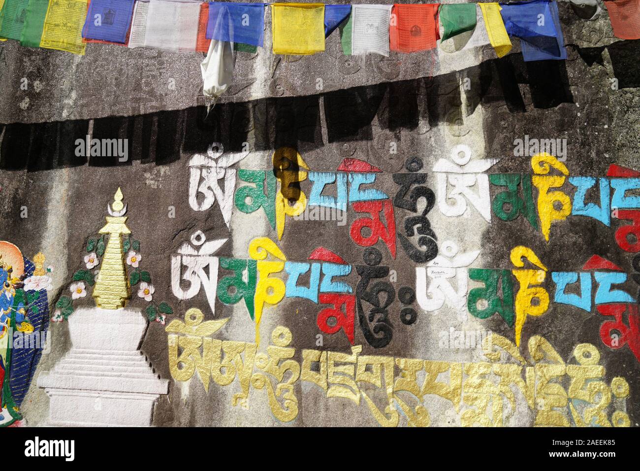 Buddhist shrine inscriptions, Manali, Himachal Pradesh, India, Asia Stock Photo