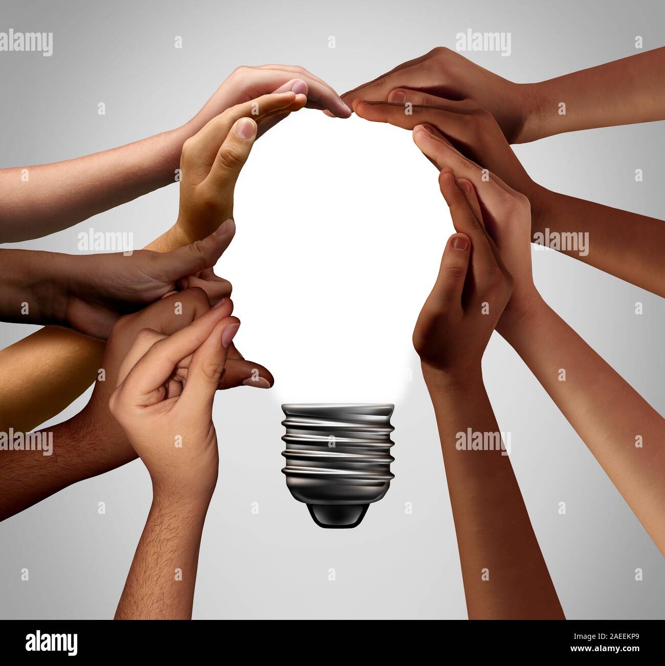 Human idea bulb concept as diverse creative people joining together with 3D illustration elements. Stock Photo