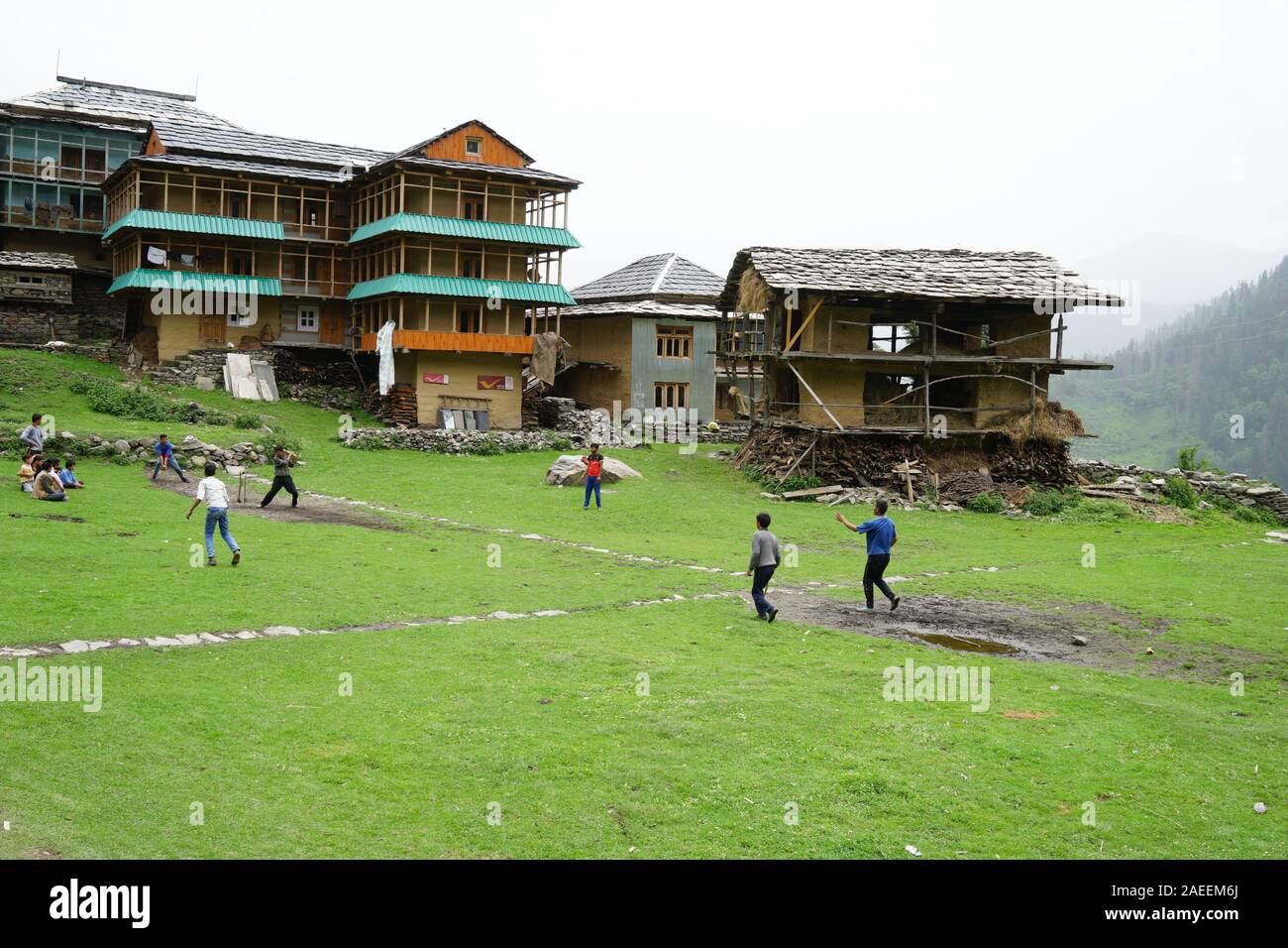 Children playing cricket, Sarchi Village, Tirthan Valley, Himachal Pradesh, India, Asia Stock Photo