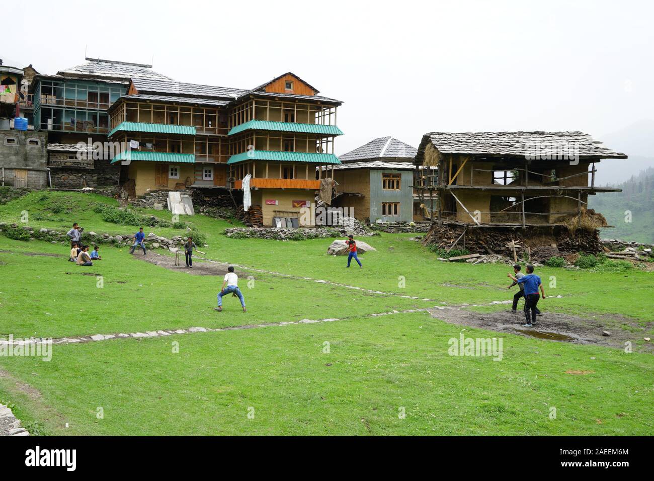 Children playing cricket, Sarchi Village, Tirthan Valley, Himachal Pradesh, India, Asia Stock Photo