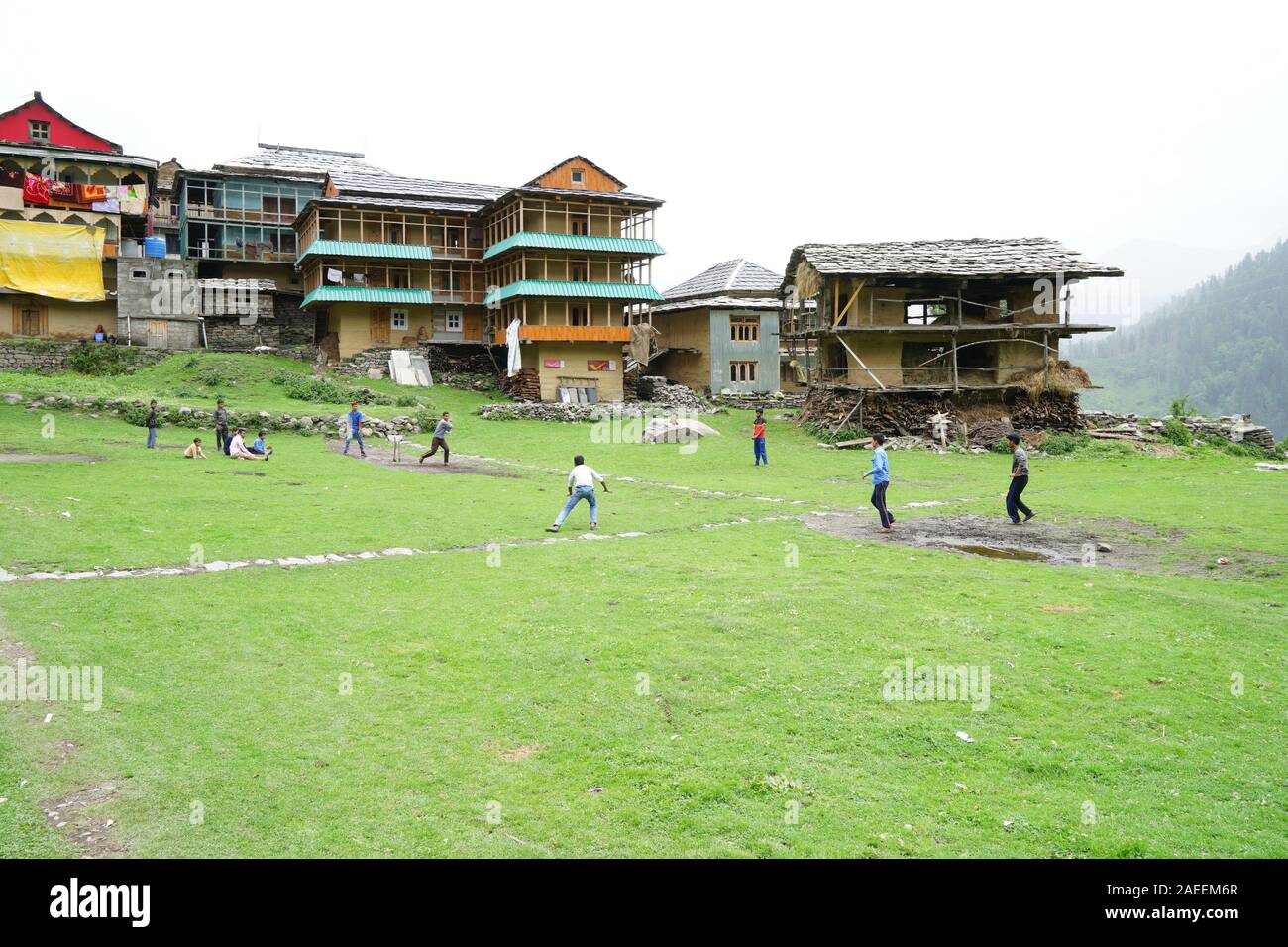 Children playing cricket, Sarchi Village, Tirthan Valley, Himachal Pradesh, India, Asia Stock Photo