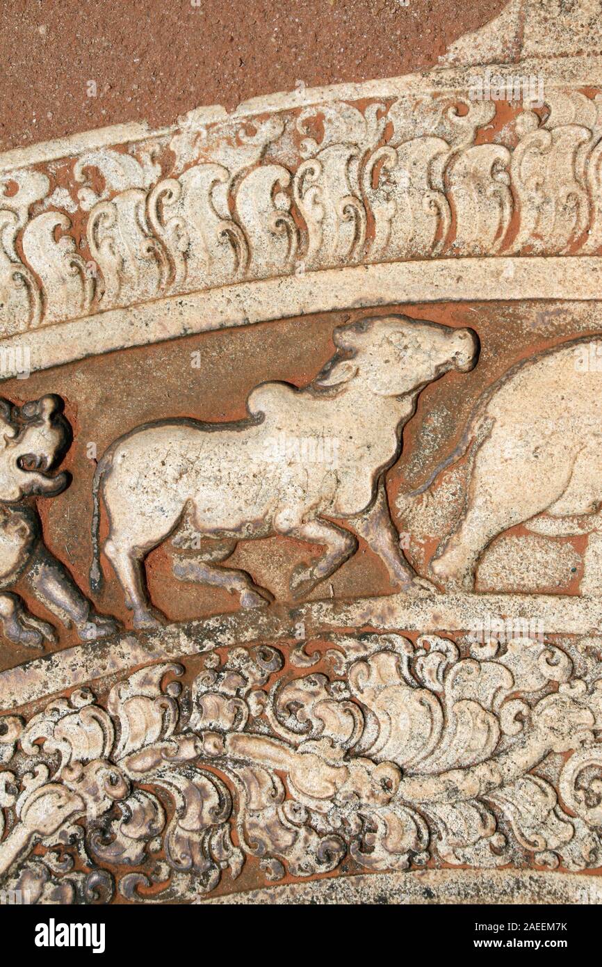 Detail Of Stone Carving Ornaments With Asian Ox On Famous Moonstone