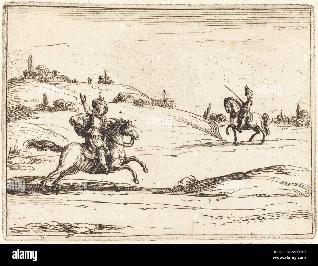 Jacques Callot’s 1628 etching depicts two knights in armor ...