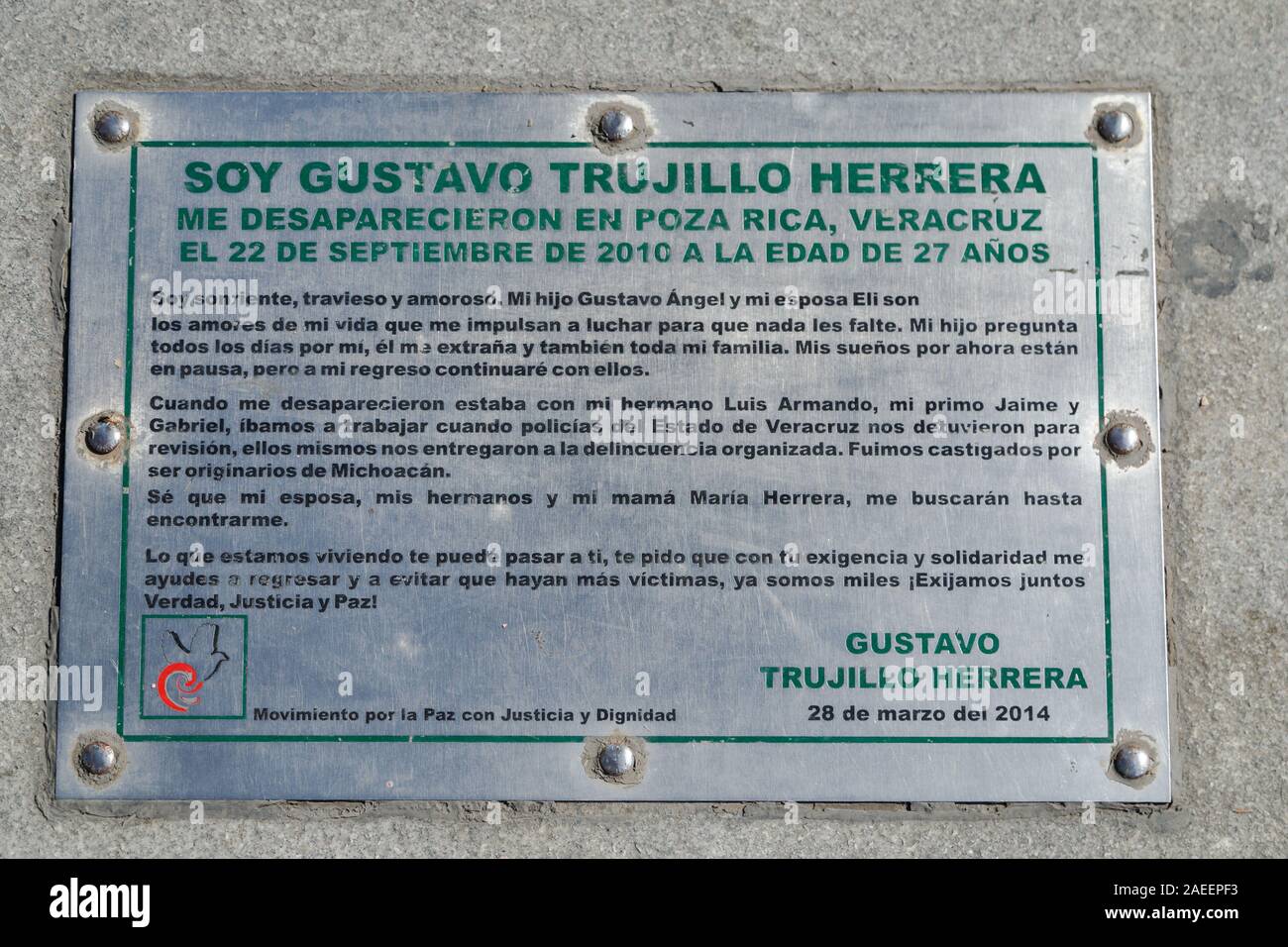 A detail view of the one of plaquse installed at Estela de Luz outside Chapultepec Park about missing persons in drug wars, Mexico City, Mexico. Stock Photo