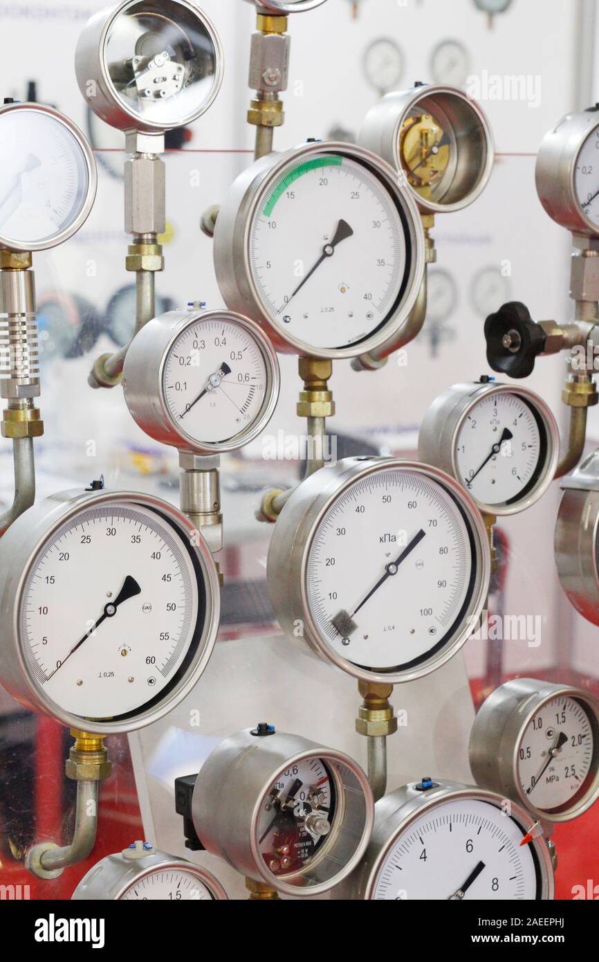Manometers showing technical. Measurement of excess pressure in the pipelines of housing communications systems. Pressure gauge design. Many different Stock Photo
