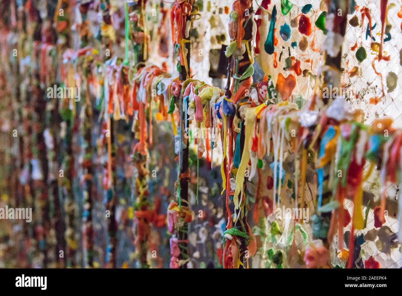 The Gum Wall in Seattle : Numbers of colorful gums are decorated on the side of building structure by visitors, Seattle, Washington, USA. Stock Photo