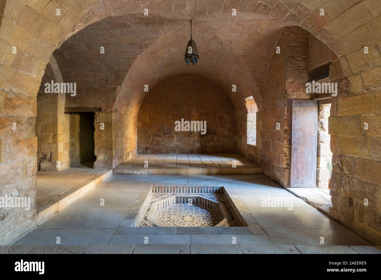 Hall at Mamluk era historic Prince Taz palace with vaulted stone bricks ...