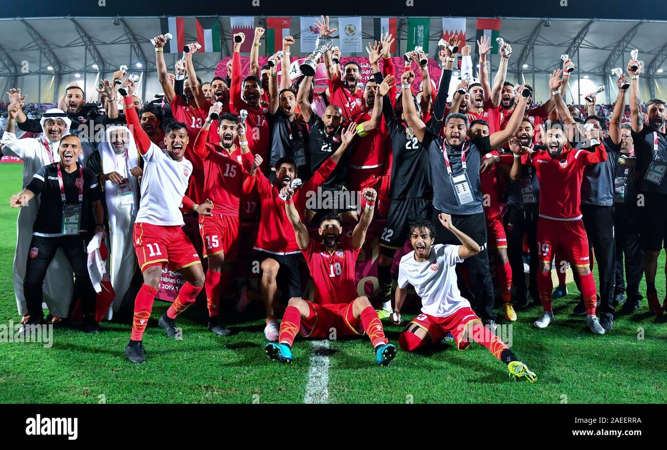 Doha, Qatar. 8th Dec, 2019. Bahrain's players celebrate after winning the 24th Arabian Gulf Cup 2019 final match between Bahrain and Saudi Arabia in Doha, Qatar, Dec. 8, 2019. Credit: Nikku/Xinhua/Alamy Live News Stock Photo