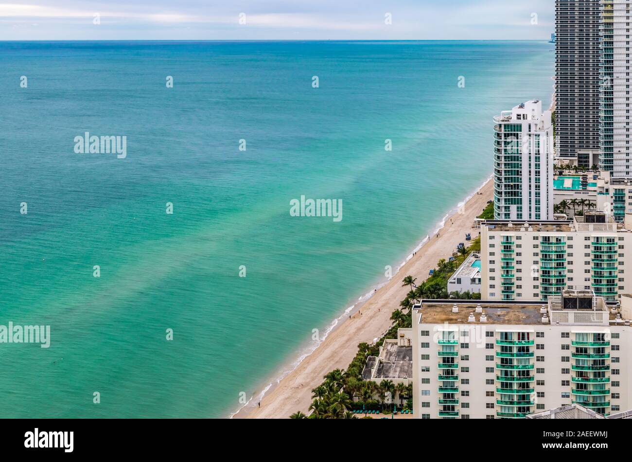 Aerial view of Hollywood beach, blue ocean and skyscrapers along the coastline of Ft Lauderdale, Florida. Stock Photo
