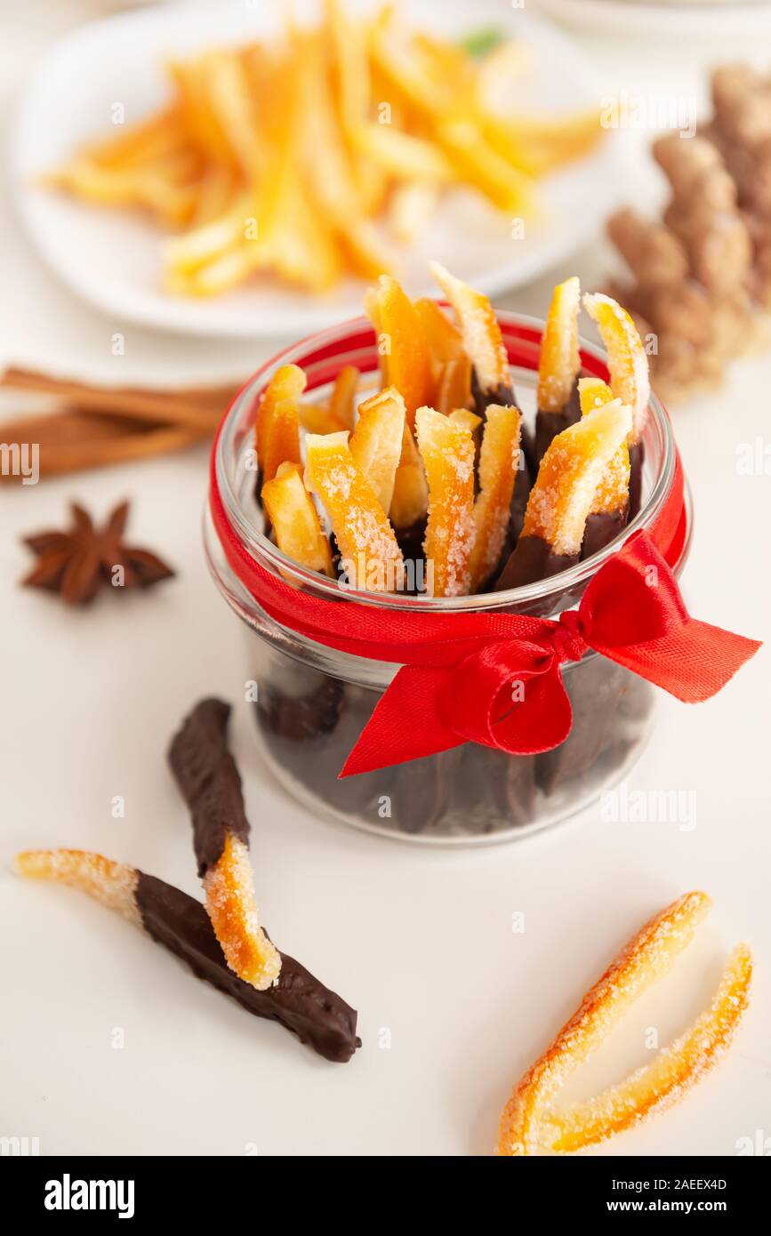 Image of homemade candied orange peel some pieces dipped in chocolate