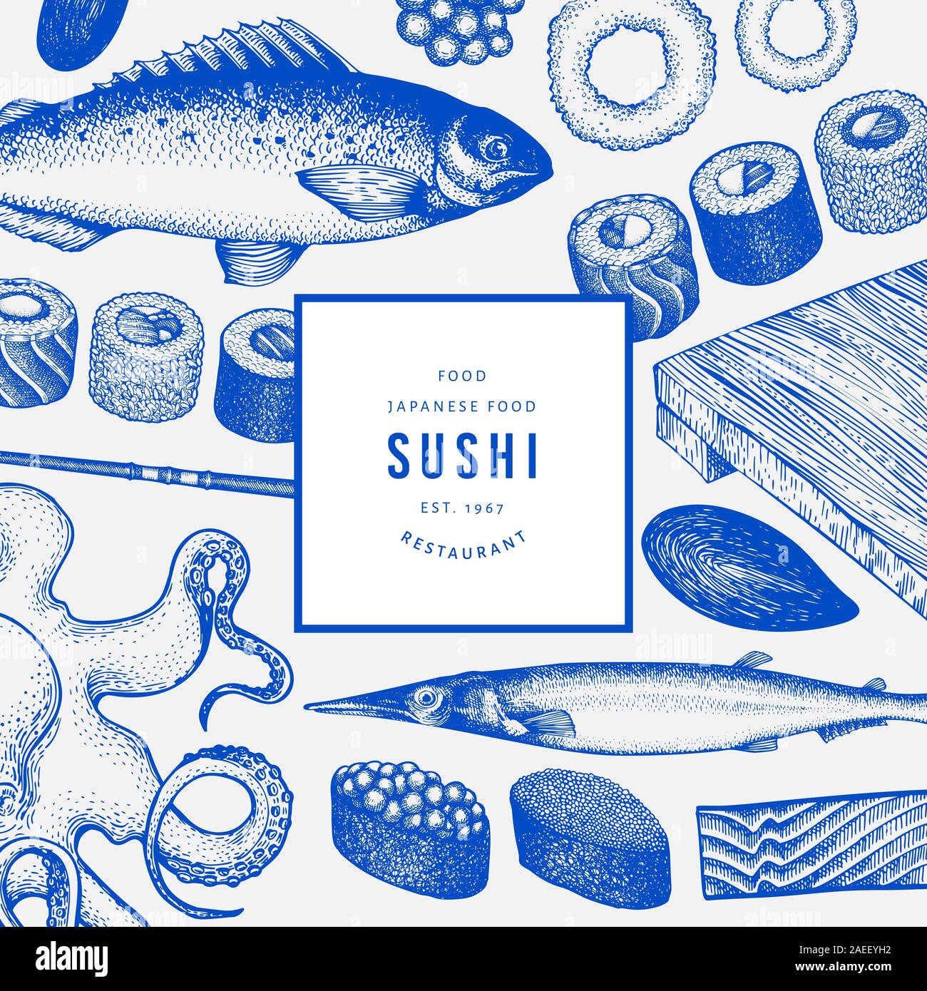 Japanese Cuisine Design Template Sushi Hand Drawn Vector Illustrations Vintage Style Asian