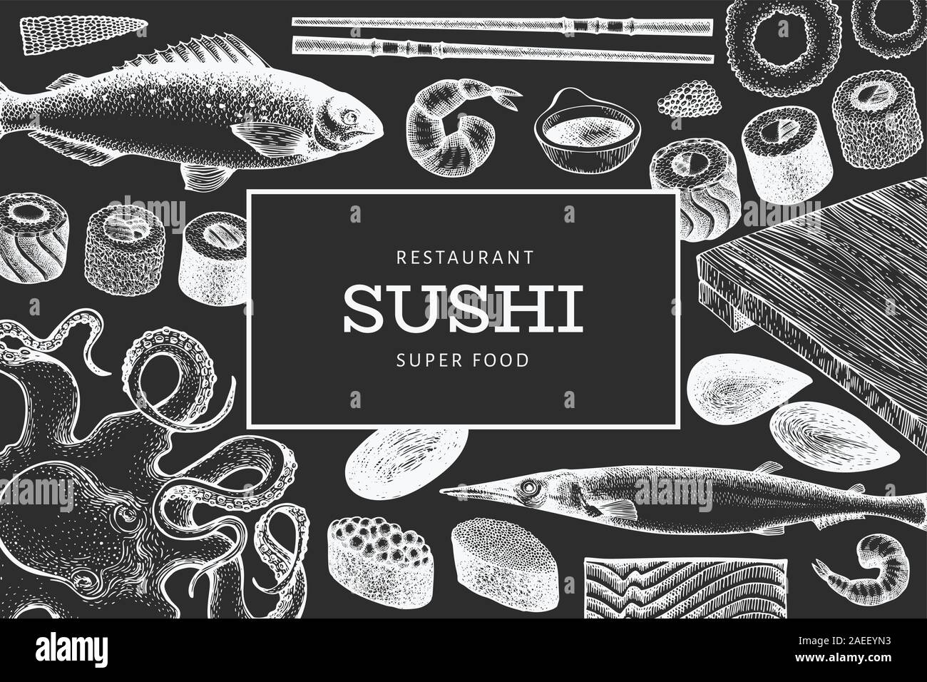 Japanese cuisine design template. Sushi hand drawn vector illustration ...