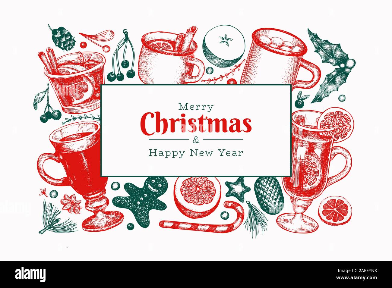 Winter drinks vector design template. Hand drawn engraved style mulled ...