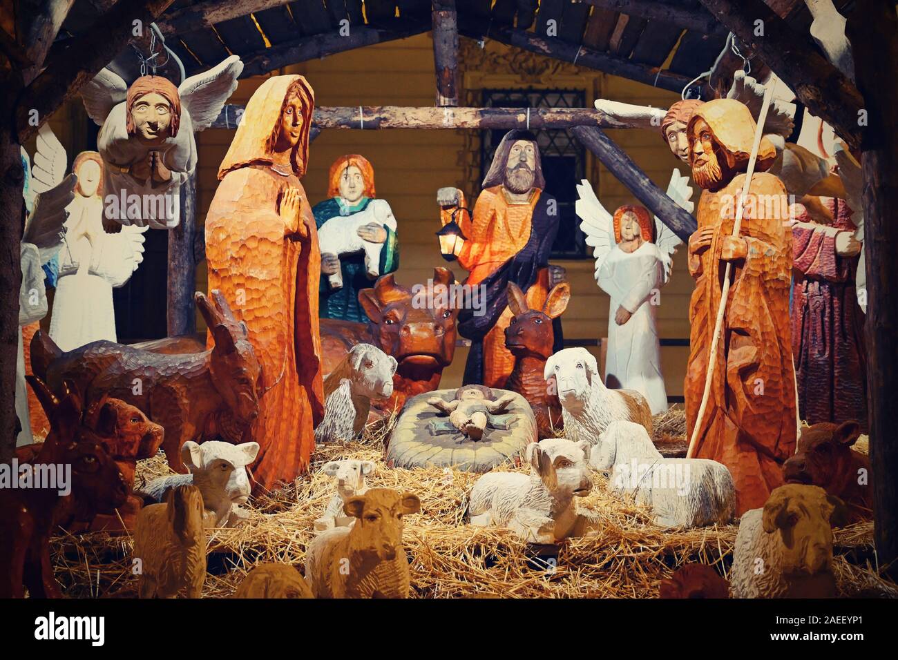 Beautiful nativity scene with baby Jesus. Traditional Christmas background of Christian holidays. Stock Photo