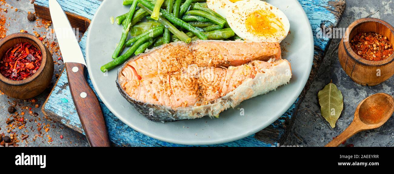 Boiled fish with asparagus and egg.Dietary salmon,boiled salmon Stock