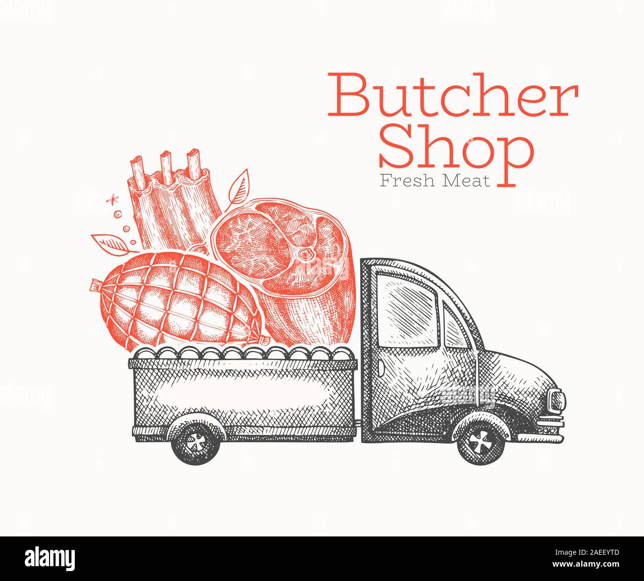 Butcher shop delivery logo template. Hand drawn vector truck with meat illustration. Engraved style vintage food design. Stock Vector