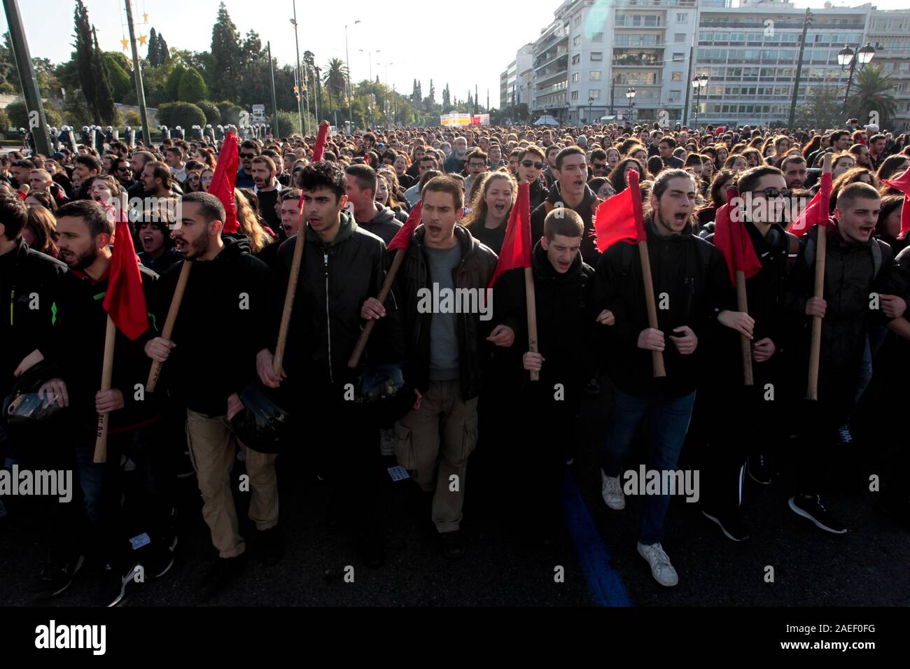 Students take part in a rally   during the anniversary of the police's fatal shooting of a teenage boy that caused extensive rioting in 2008. Stock Photo