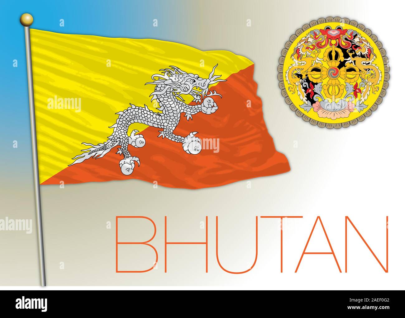 Bhutan official national flag and coat of arms, vector illustration, asiatic country Stock Vector