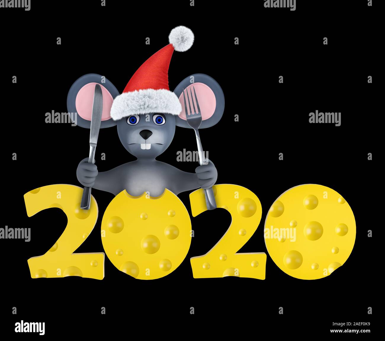 Happy new year 2020 greeting card with cute mouses and cheeses isolated on black. Animal wildlife holidays cartoon character. 3d render. Stock Photo