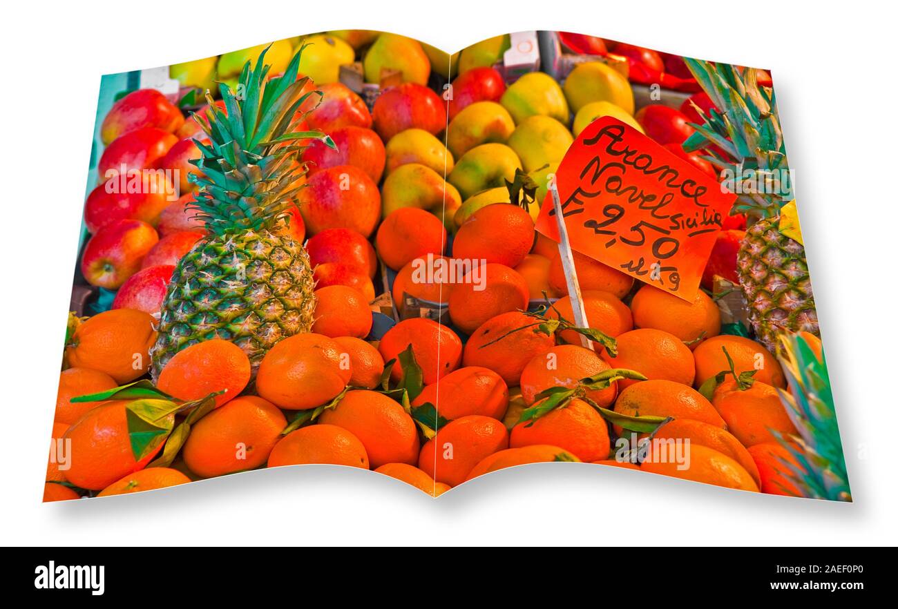 Colorful fruits and vegetables from organic agriculture exhibited in a italian market - 3D render of an opened photo book isolated on white background Stock Photo