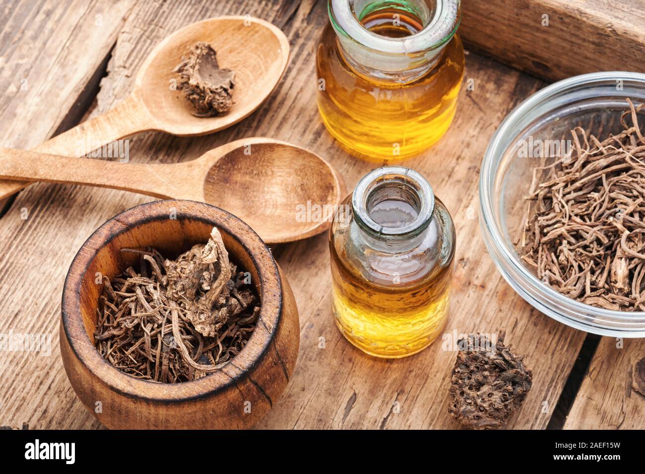 Medicinal tincture from the roots and rhizomes of valerian.Herbal medicine.Healing plants Stock Photo