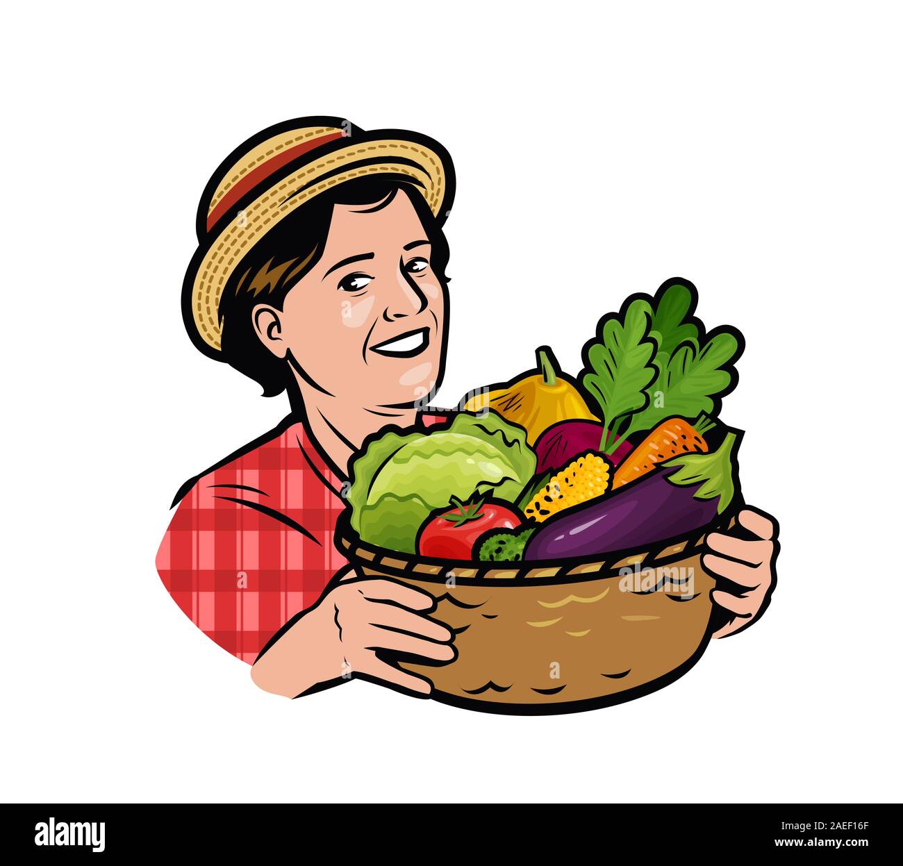 Beautiful woman with a basket of fresh vegetables. Retro vector ...