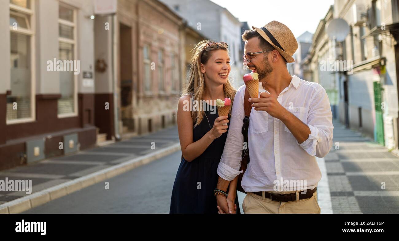 Beautiful couple in love dating outdoors and smiling Stock Photo