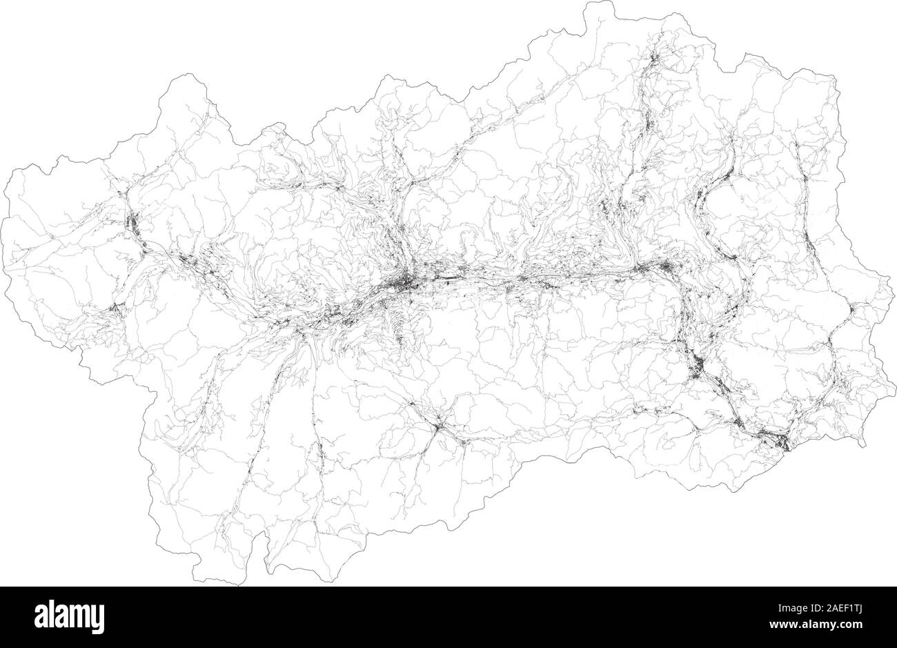 Satellite map of the region of Aosta Valley, Valle d’Aosta. Italy. Buildings and connecting roads of surrounding areas. Map roads, ring roads Stock Vector