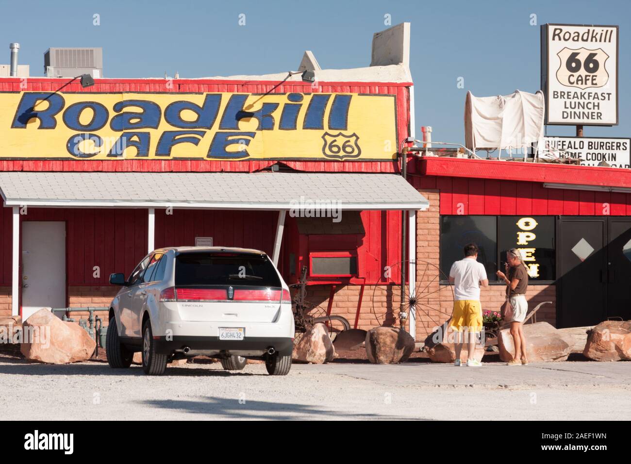 SELIGMAN, ARIZONA-OCTOBER 8, 2009: The Roadkill Cafe a quirky restaurant along Route 66 on October 8, 2009 in Seligman, Arizona. Stock Photo