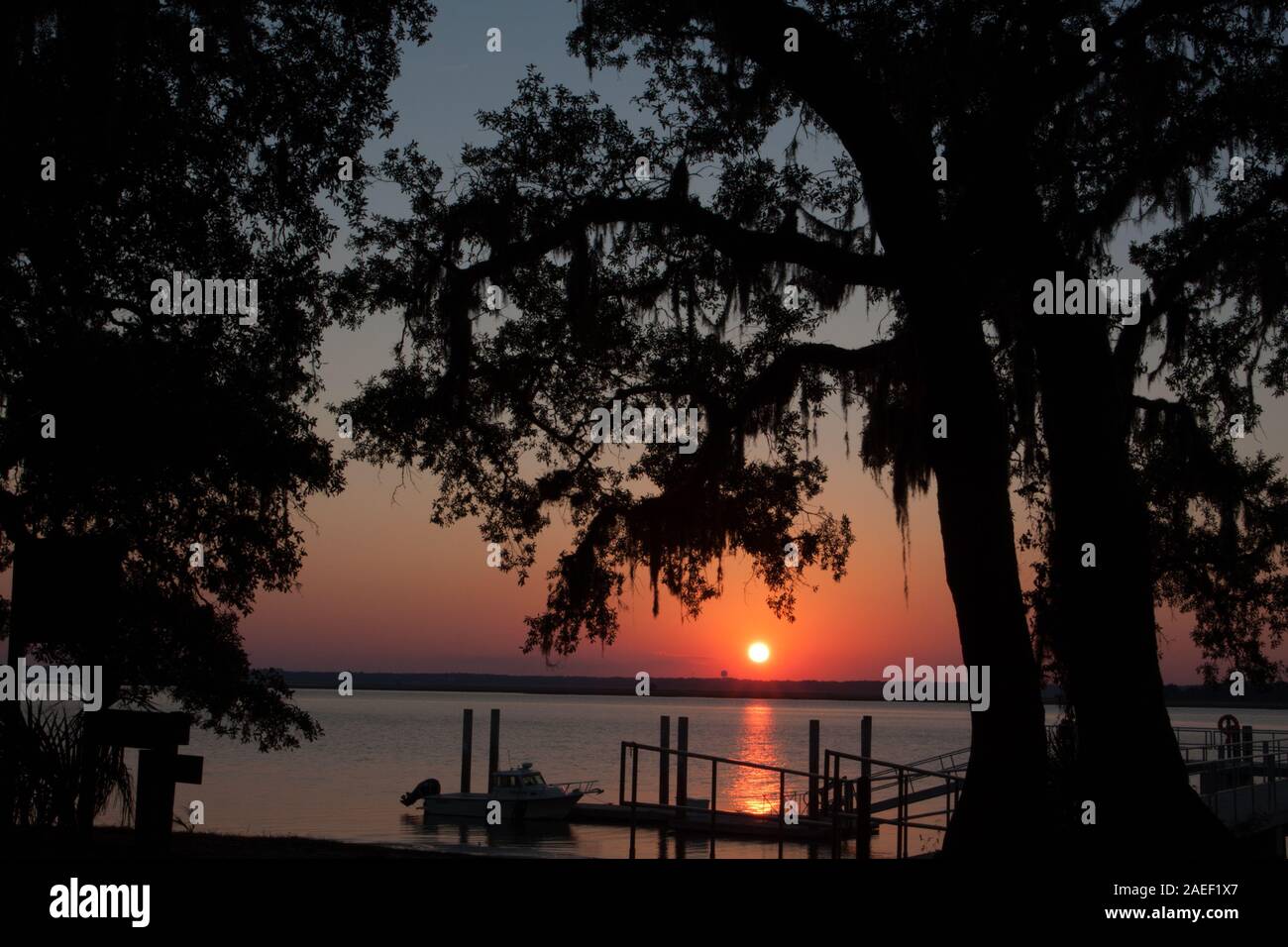 The sunsets over the intercoastal waterway that separates Cumberland Island from the Georgia coast. Stock Photo