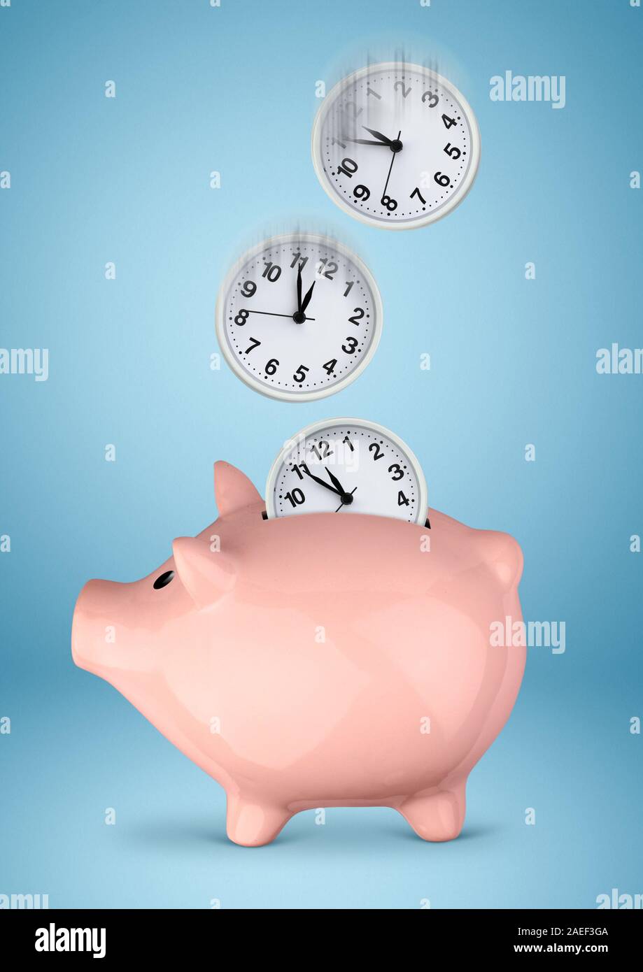Save you time concept, piggy bank with clock on blue Stock Photo