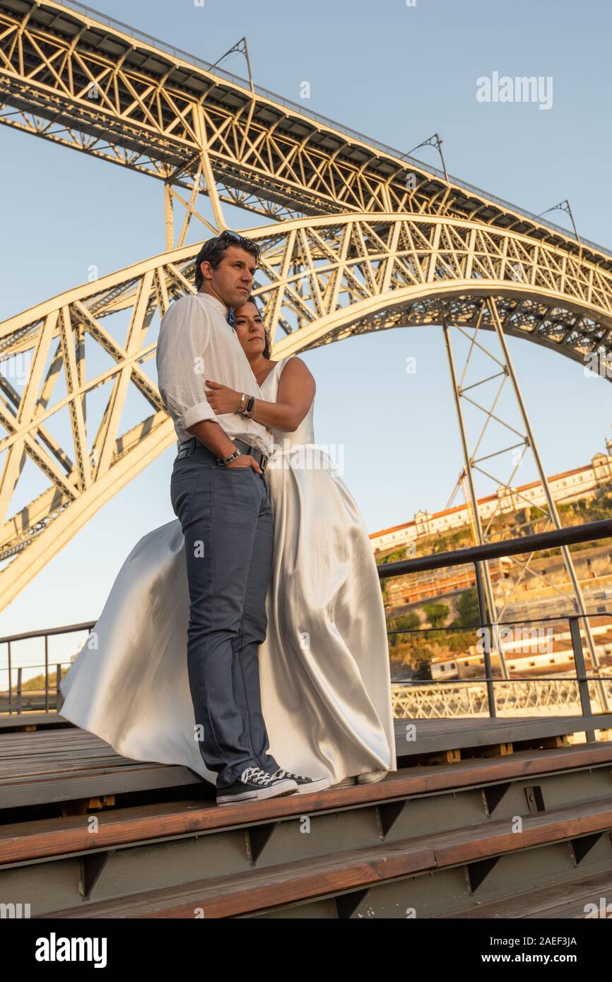 A Portuguese bridge and groom under the Dom Luis I bridge, Porto, Portugal Stock Photo