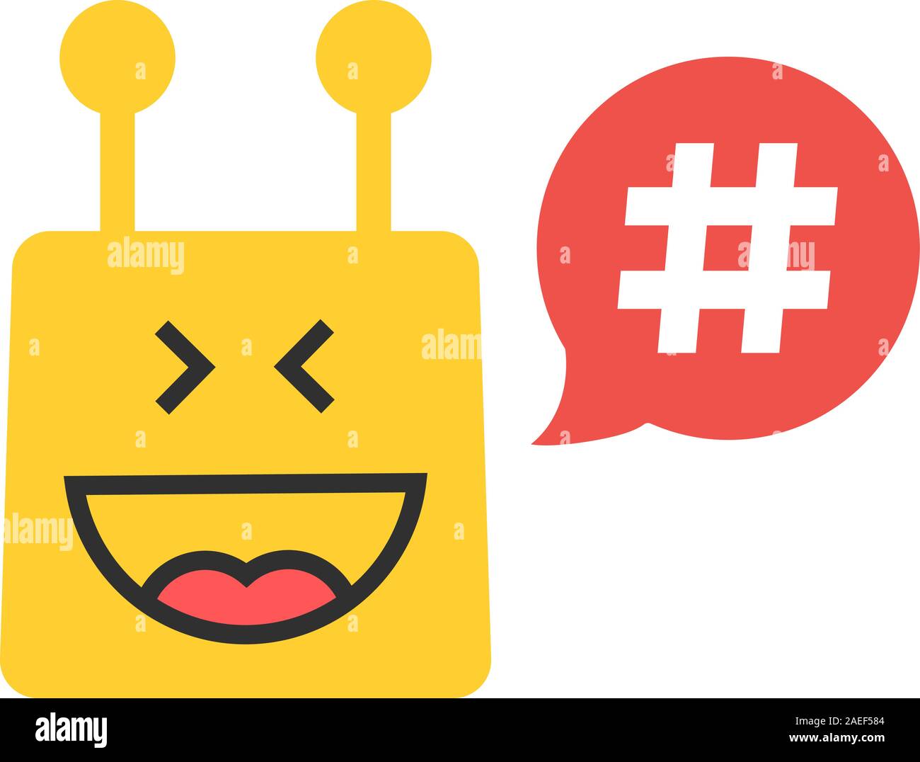 yellow chatbot with hashtag in red speech bubble Stock Vector