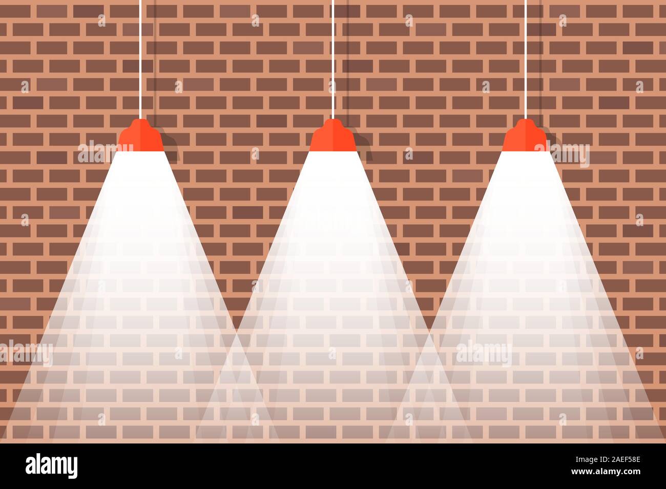 Brick Wall With Hanging Ceiling Lamps With Bright Light Stock