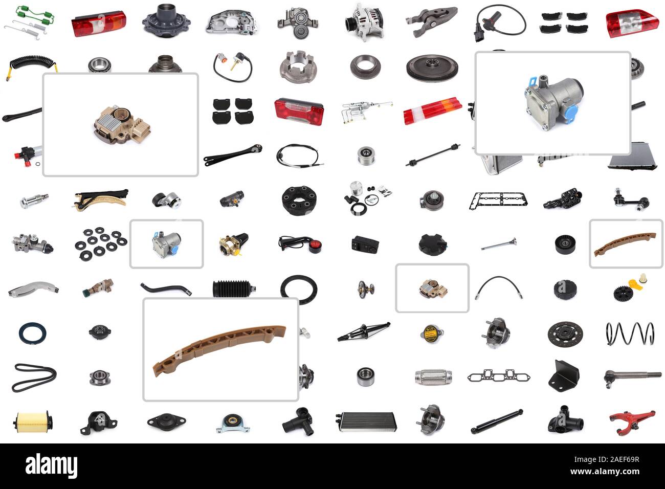 Collage of various auto parts for cars and trucks with an emphasis on three parts: circuit breaker, generator repair kit, valve. Stock Photo