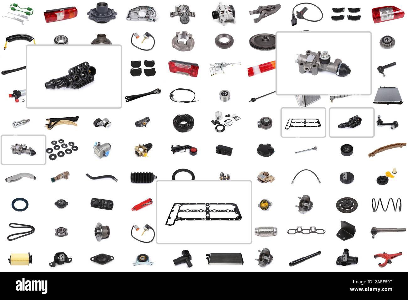 Collage of various auto parts for cars and trucks with an emphasis on three parts: gasket, thermostat, brake cylinder. Stock Photo