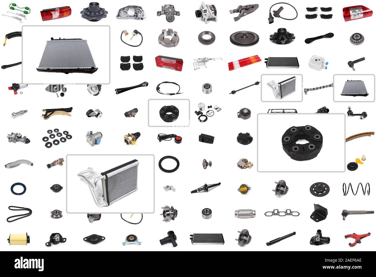 Collage of various auto parts for cars and trucks with an emphasis on